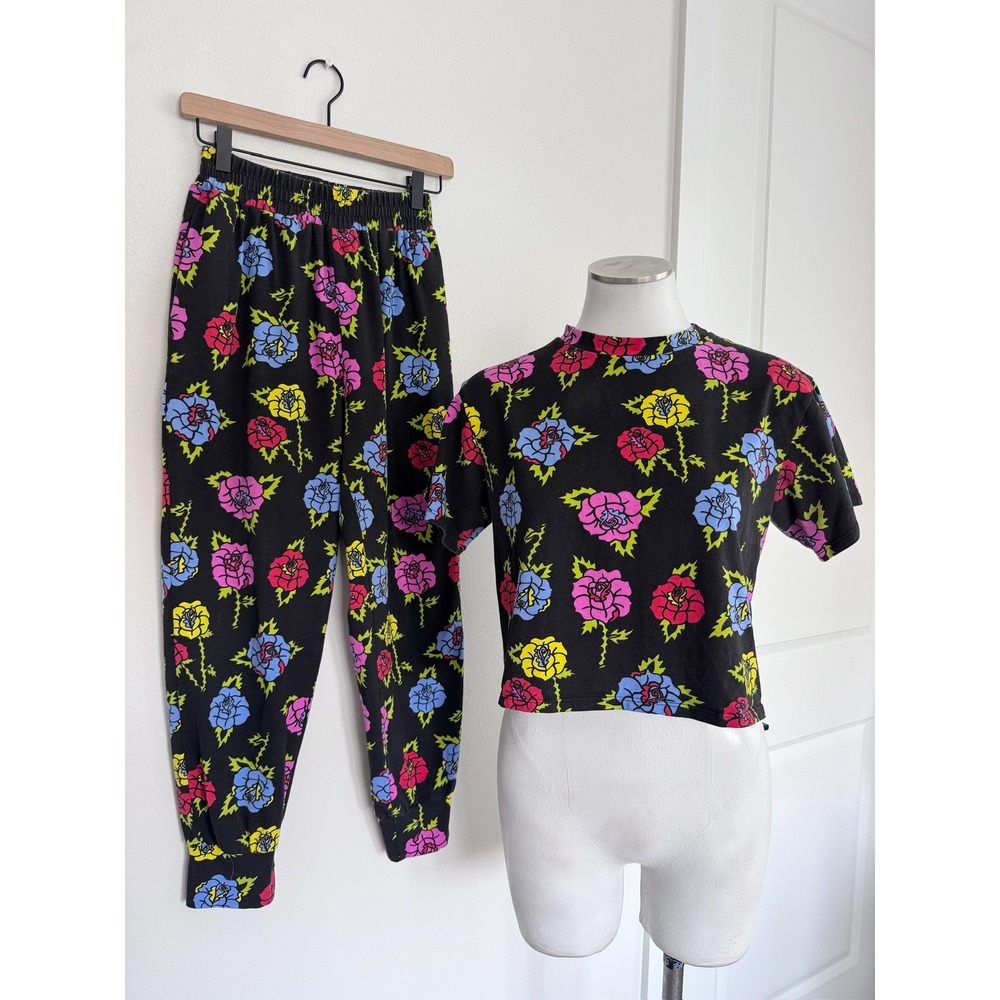 Nooworks Rose Floral Crop Top and Joggers Set Black Multi M/S